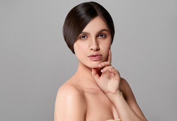 Beautiful natural skin makeup helathy skin care face brunette woman