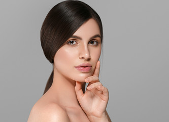 Beautiful natural skin makeup helathy skin care face brunette woman