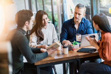 group of multi nation friends enjoy conversation with fun and happiness meeting business casual...