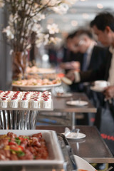 Cuisine Culinary Buffet Dinner Catering Dining Food Celebration Party Concept. Blurred group of...