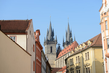 Fototapeta na wymiar Stupartska Street toward Tyn Church in Prague, Czech Republic.