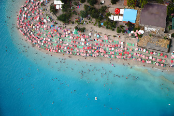 Fethiye, Mugla/Turkey- August 19 2018: Amazing aerial view of Blue Lagoon in Oludeniz