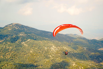 Fethiye, Mugla/Turkey- August 19 2018: Paraglider flying just after jump on Babadag