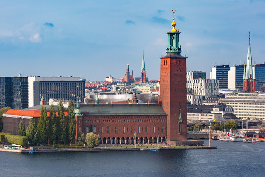 Scenic summer aerial view of Stockholm City Hall, seen from Sodermalm, in the Old Town in Stockholm, capital of Sweden