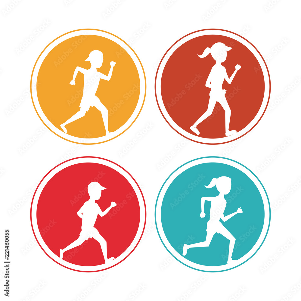 Poster set of people running round icons