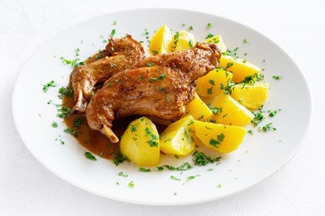 marinated and stewed in white wine with spices and herbs rabbit garished with potato sprinkled with parsley