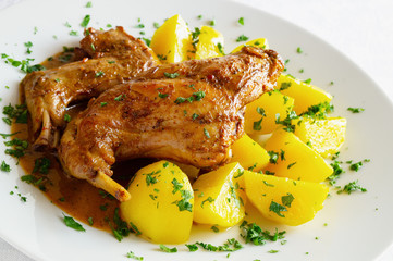 stewed in white wine with herbs and spices marinated rabbit legs on potato sprinkled with parsley