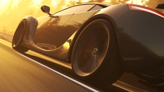 Fast, slick supercar driving through a coniferous forest during sunset. 4K HD