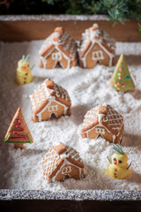 Closeup of sweet Christmas gingerbread village with snowman and trees