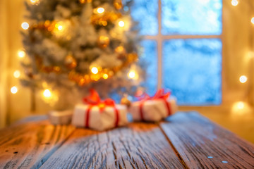 Blurred Christmas tree and gifts for display or montage