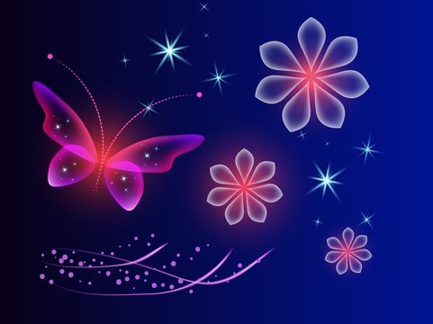 Glowing background with magic  butterflies and sparkling stars.Transparent butterfly and glowing stars. Blue and red.