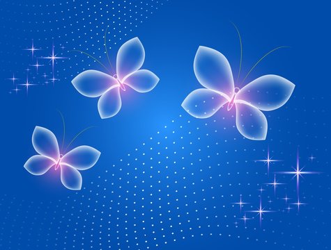 Glowing  blue background with magic  butterflies and sparkling stars.Transparent butterfly and glowing stars.
