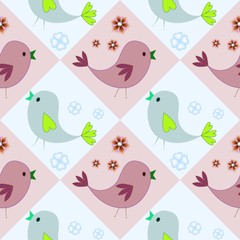 Happy seamless pattern with colored birds. Childish illustration in cartoon style. Blue and brown  background.Happy Easter...