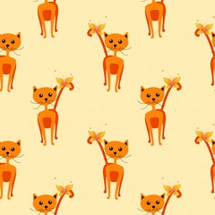 Seamless  pattern with cats.. Childish illustration in cartoon style. Yellow a brown background...