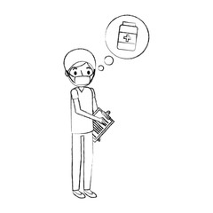 doctor with mask and clipboard thinking bottle pills