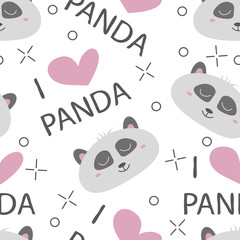 Seamless pattern hand-Drawn faces of pandas. Background for Children clothing. I Love Panda pattern
