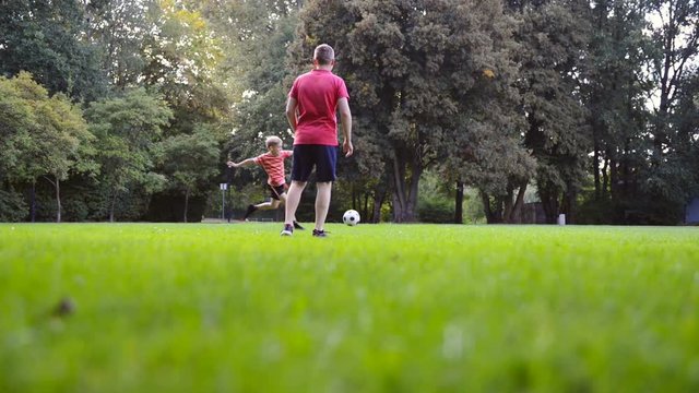 Happy child son  playing football with father in park on grass