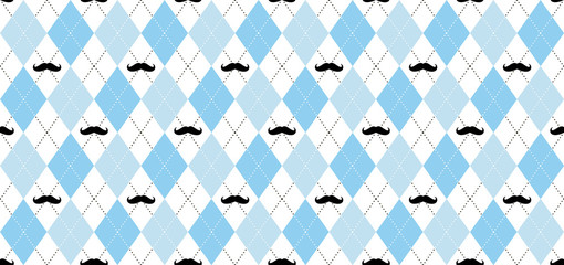 Argyle vector pattern. Light blue and white squares with black mustache and white dotted line. Seamless geometric background for men's clothing, wrapping paper. Little Man (baby boy) party invite card