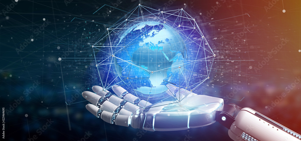 Poster cyborg hand holding a connected network over a earth globe concept on a futuristic interface - 3d re