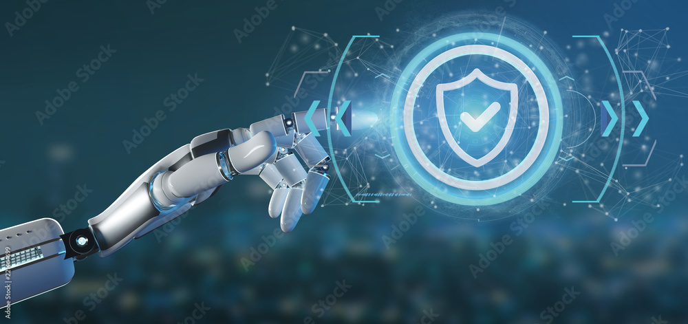 Poster cyborg hand holding a technology security icon on a circle 3d rendering