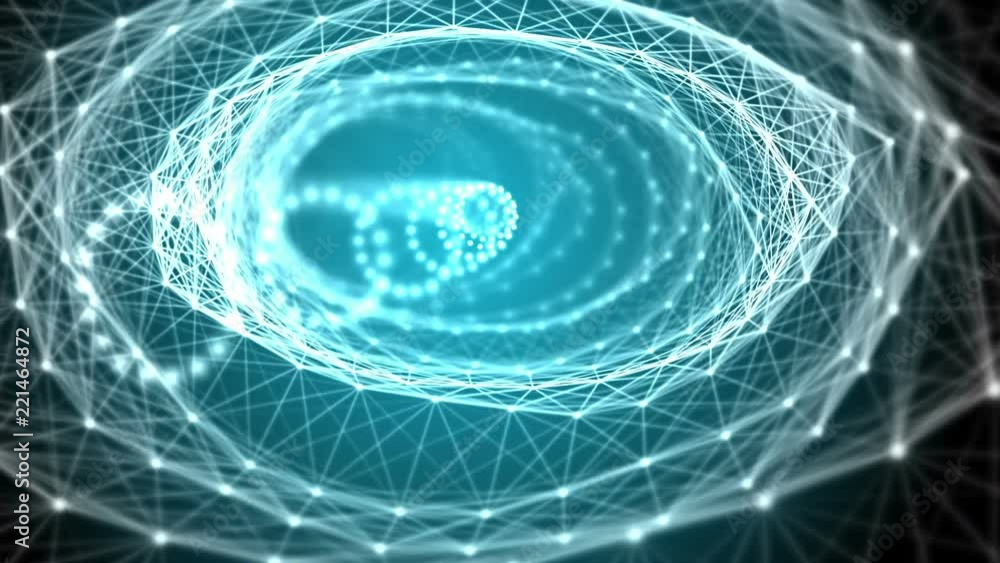 Poster Going forward through an abstract tunnel. Light lines and nodes structure in organic motion. Central light inside. Technology and engineering motion background. Depth of field settings. 3D rendering.