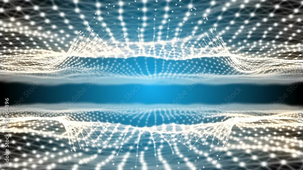 Poster 3D spherical field inside of a blue plexus lines and nodes field in organic motion. Light points. Abstract science, technology and engineering motion background. Depth of field settings. 3D rendering.