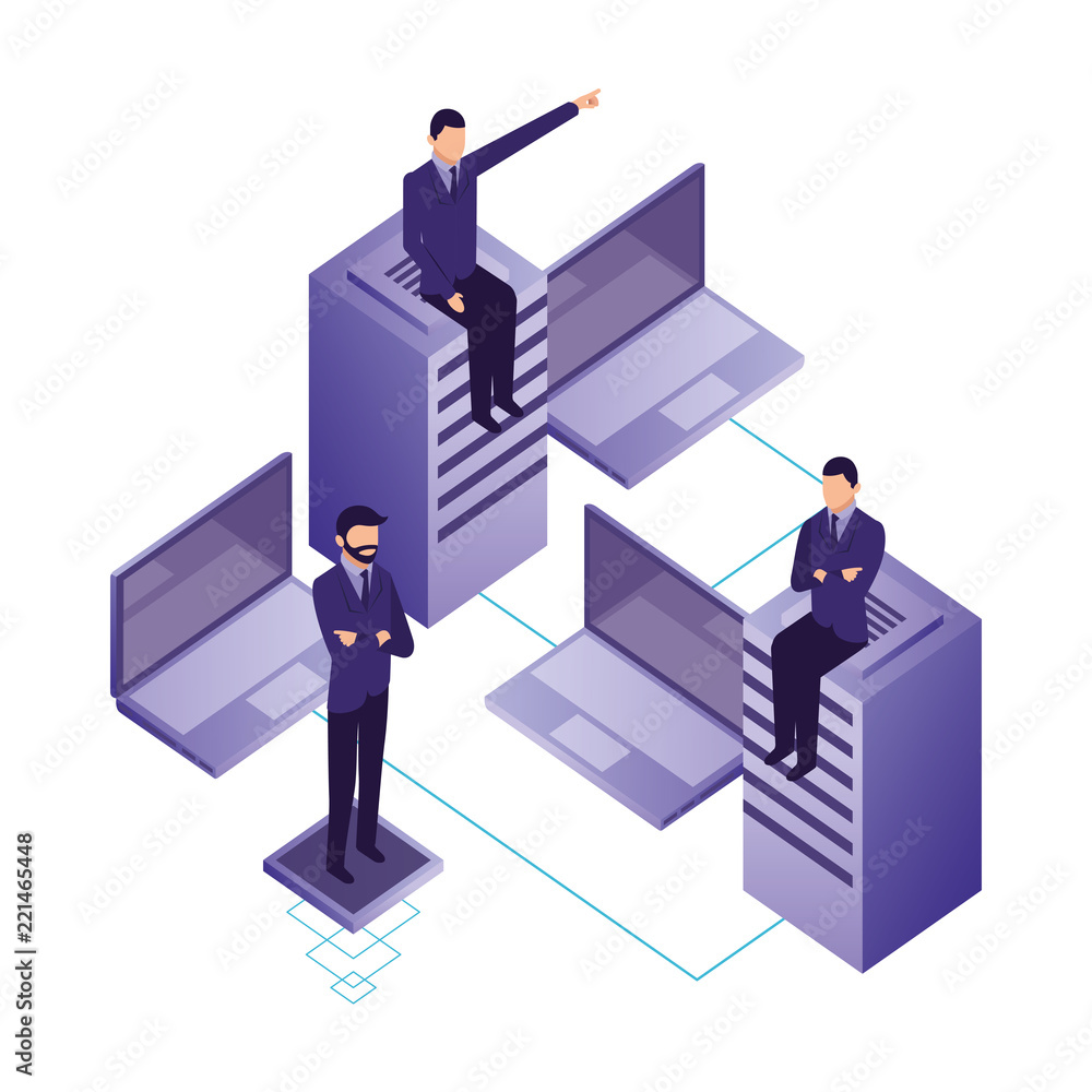Poster business men with database server and laptops