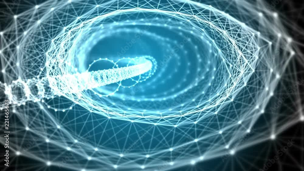 Poster Going forward through an abstract tunnel. Light lines and nodes structure in organic motion. Central light inside. Technology and engineering motion background. Depth of field settings. 3D rendering.