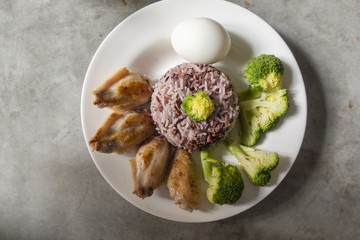 clean food , Fried chicken ,Broccoli  vegetable , egg and rice