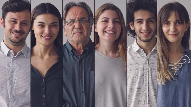 Collage of portraits smiling men and women