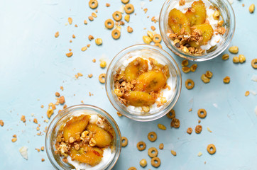 Caramelized Banana Parfait, Granola and Yogurt Dessert