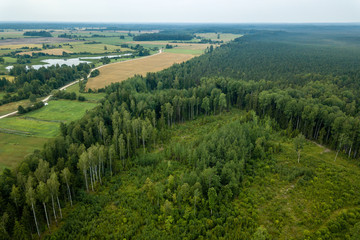 drone image. aerial view of rural area with fields and forests under dramatic storm clouds forming