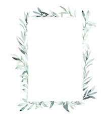 Watercolor frame with eucalyptus branch for card, wedding, greeting, invitation. Hand drawn illustration