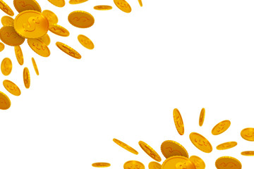 Falling golden coins frame for writing letter isolated on white. 3d render
