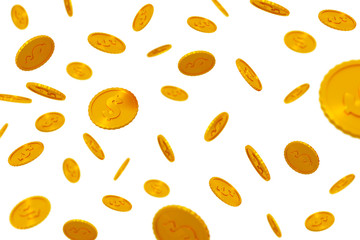 Falling gold coins isolated on white. 3d render