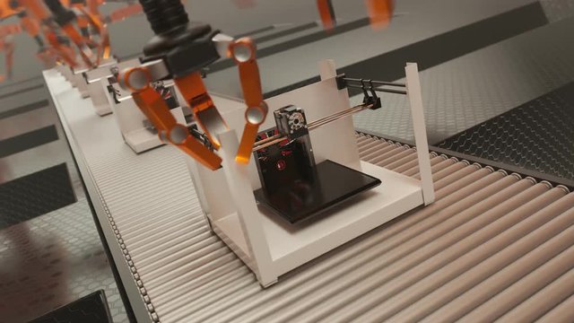 Efficient robotic arms assembling 3d printer on a factory line in a loop. 4k HD