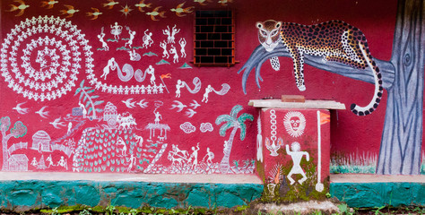 Art painted on the wall of a Warli temple inside Mumbai's SGNP. © Jimmy Shroff