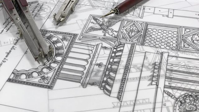 blueprints - architectural drawings - detail column, compasses and fountain pen for calligraphy / seamless looping	