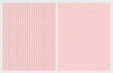 Fototapeta premium Cute Hand Drawn Abstract Vector Patterns. White Vertical Lines and Triangles. Pink Background. Irregular Simple Design. 
