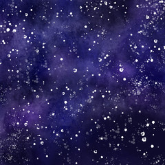 Obraz premium Watercolor hand drawn illustration. Night snowfall.