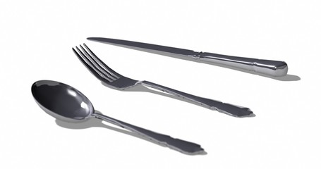 Bright fork, knife and spoon on white ground. Isolated shiny cutlery. Focus depth. Overhead. 3D rendering 