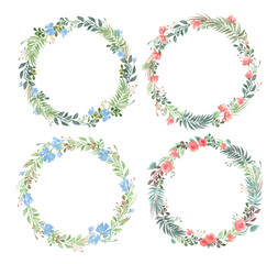 Vector set of blank round floral frames in watercolor style isolated on white background