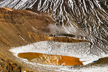 Beautiful sulphide water with mirror reflection of the snow covered volcano, detail view of Mount Ngauruhoe and the ancient wrinkled volcanic terrain in Tongariro National Park, New Zealand