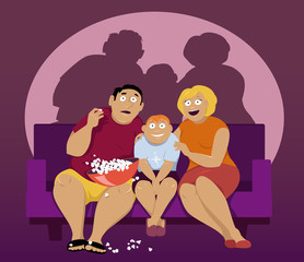 Family of three watching TV sitting on a couch and eating popcorn, EPS 8 vector illustration