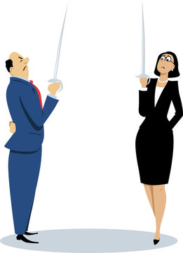 Businessman and businesswoman holding swords, ready to a duel, EPS 8 vector illustration