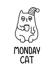 A Cartoon Vector Illustration Of The Exhausted Tired Sleepy Monday Morning Cat With A Cup Of Coffee In A Hat