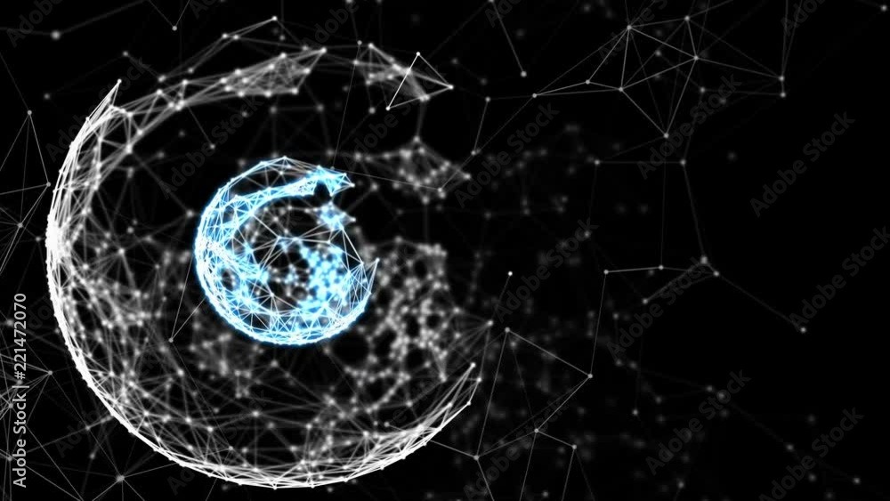 Poster Two concentric plexus spheres with plexus structure evolving. Abstract technology, science and engineering motion background. Organic lines and nodes motion. Depth of field settings. 3D rendering.