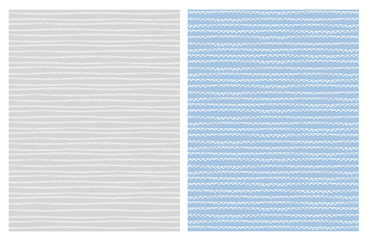 Delicate Hand Drawn Abstract Trail Vector Patterns. White Lines. Blue and Light Gray Backgrounds. Irregular Simple Design.  Infantile Style.