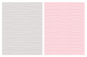 Fototapeta premium Delicate Hand Drawn Abstract Trail Vector Patterns. White Lines. Pink and Light Gray Backgrounds. Irregular Simple Design. Infantile Style.