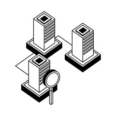 three database center storage network magnifying glass